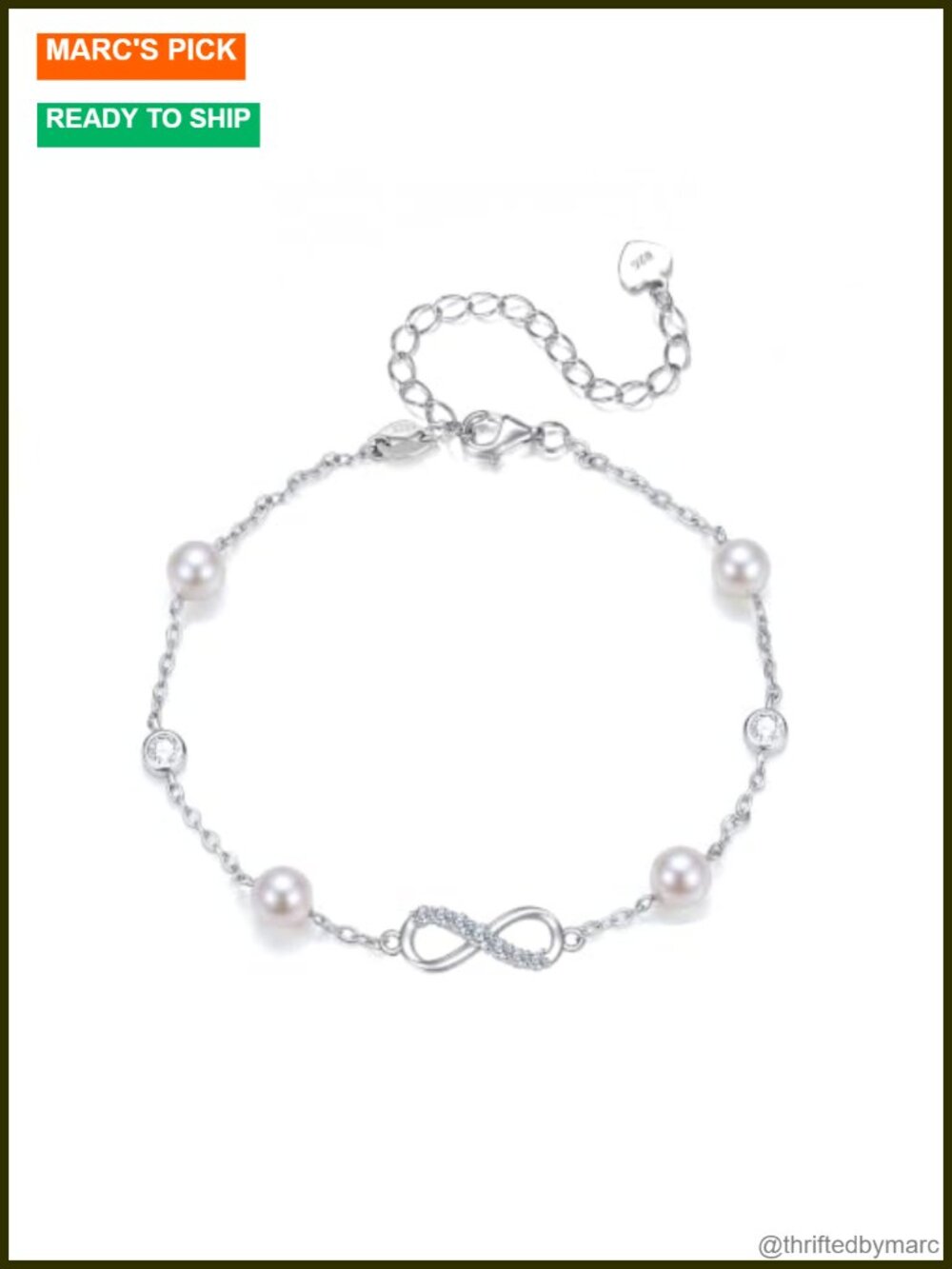 Sterling Silver Lab Grown Diamond Infinity Pearl Station Bracelet